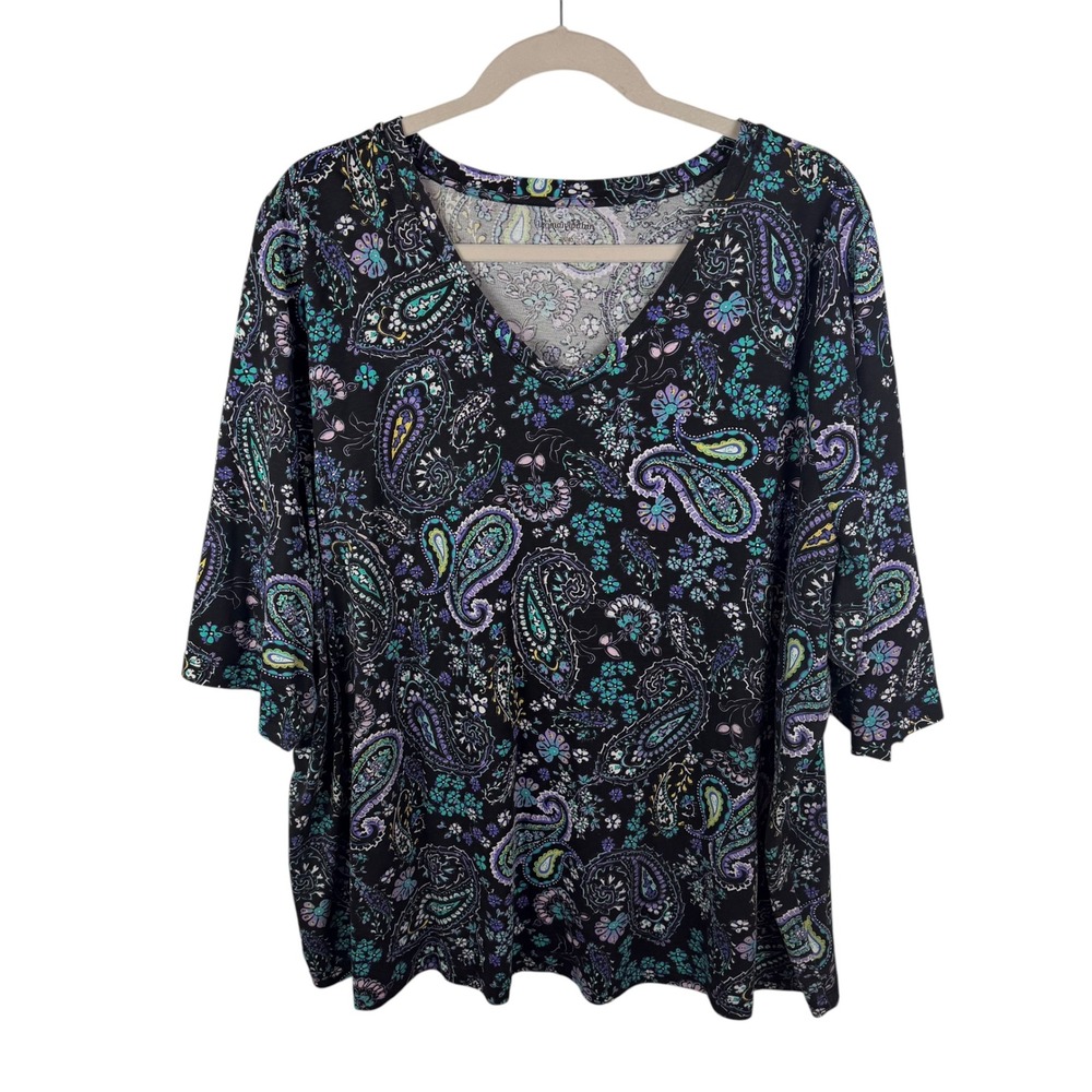 Woman Within Paisley Tunic Top Size 38/40 Multicolor Stretch Comfy Boho Artsy